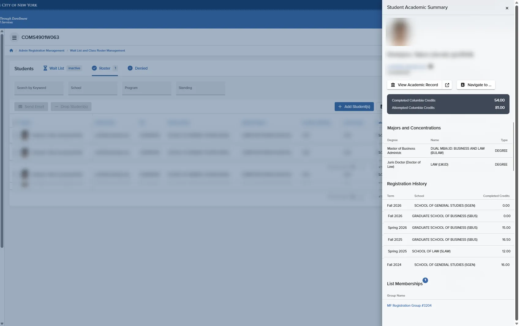 The Student Summary Panel containing relevant student enrollment information 