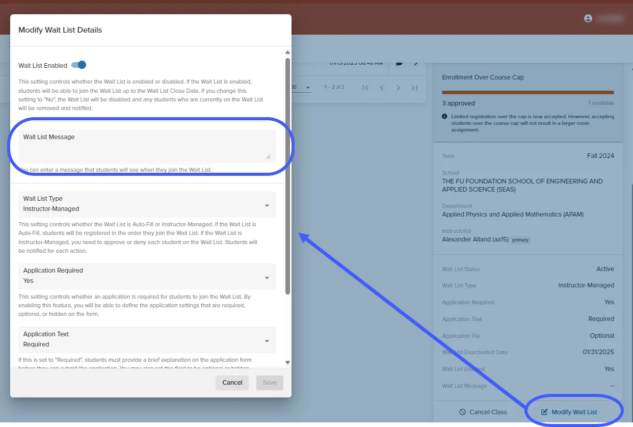 Image of Wait List settings within the Class Roster