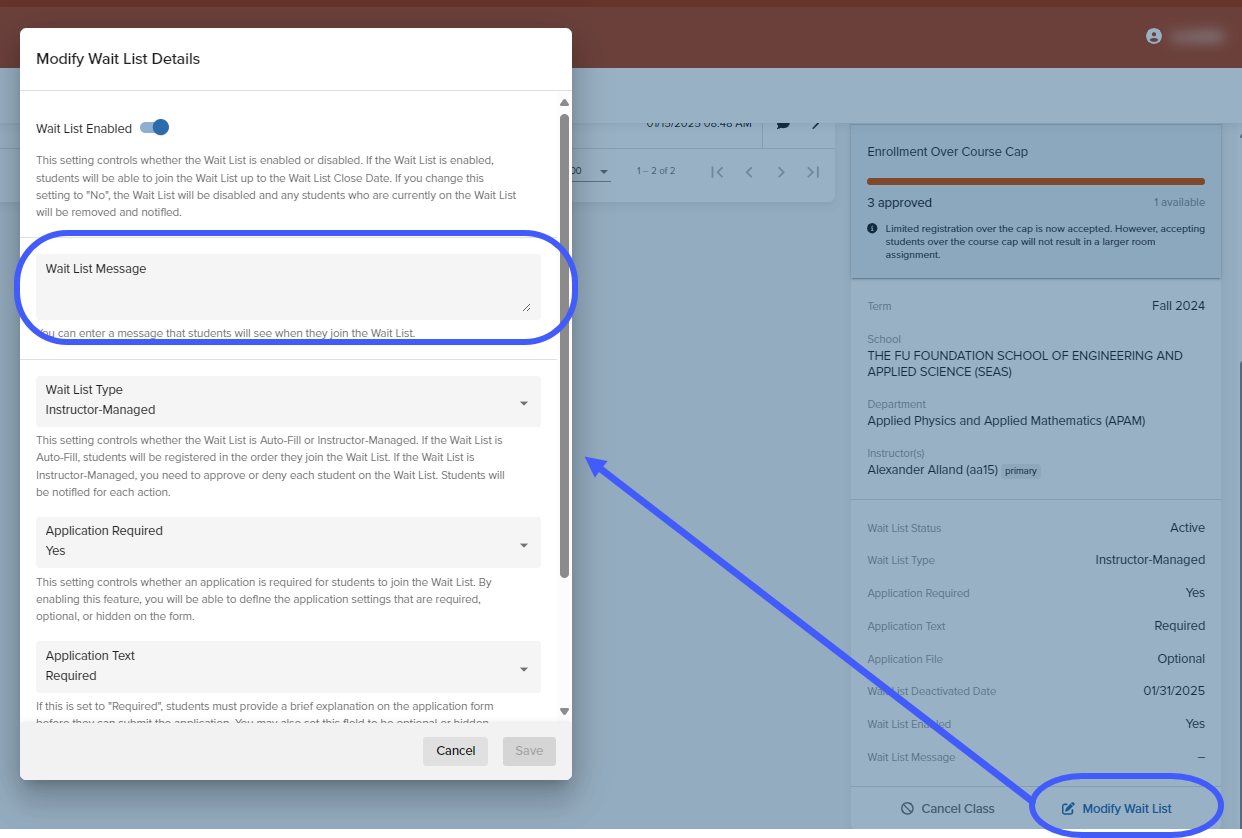 Image of Wait List settings within the Class Roster