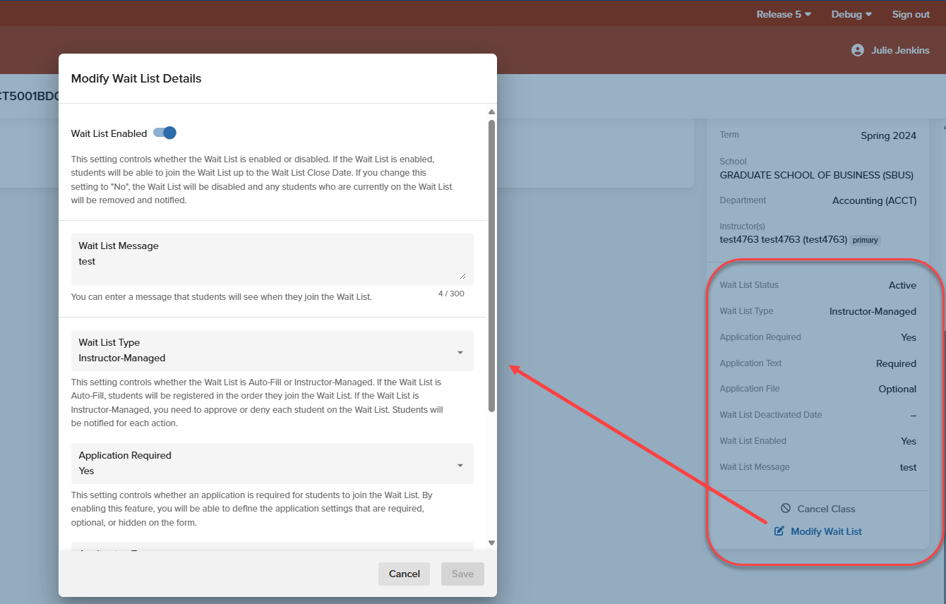 image of rosters showing wait list settings and modify option